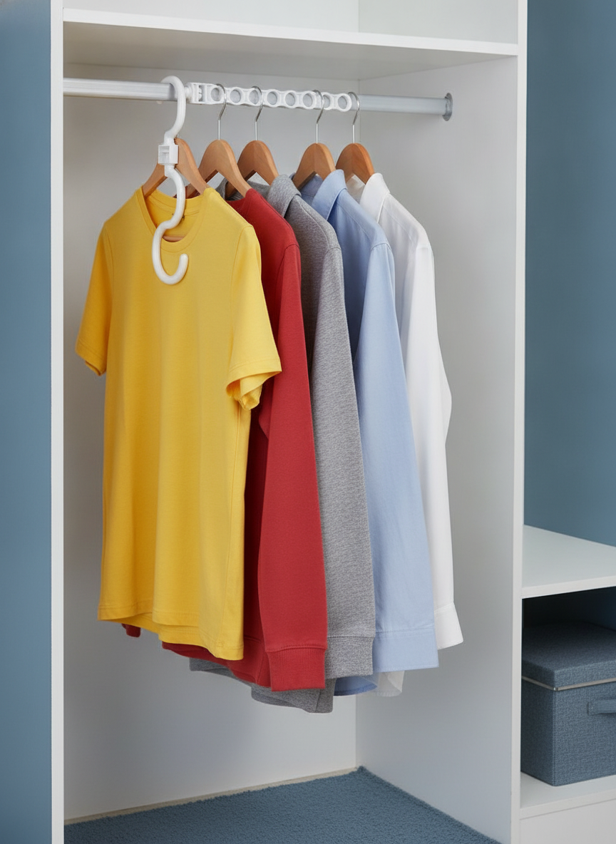 White plastic Hoomall Clothes Hanger with five holes, organizing five garments vertically in a modern closet.