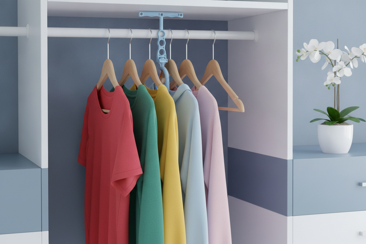 A Hoomall Clothes Hanger, made of plastic with 5 holes, organizing clothes in a modern closet with slate blue and white decor